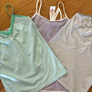 3 Zena Mint, Purple, Gray with White Striped Lace-Trim Camisoles